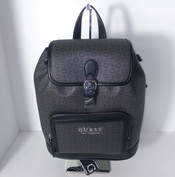 Guess Handbags - GUESS Black & Grey Monogram Faux Leather Backpack